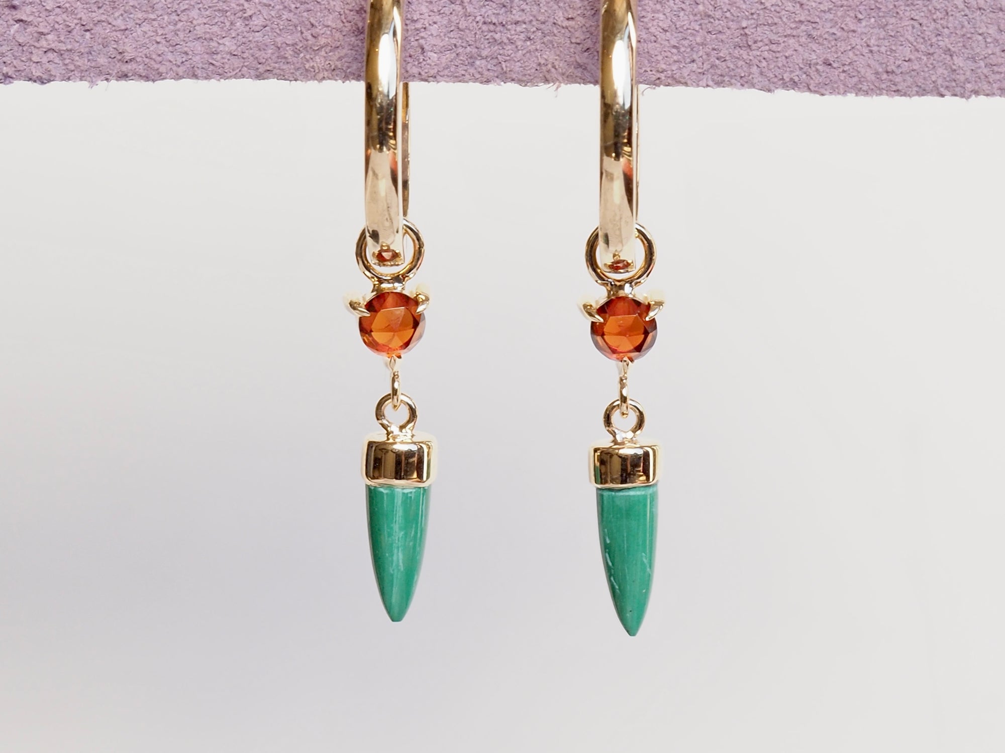 HD 117 | Unicorn Dangle PAIR | Malachite | Rosecut Garnet