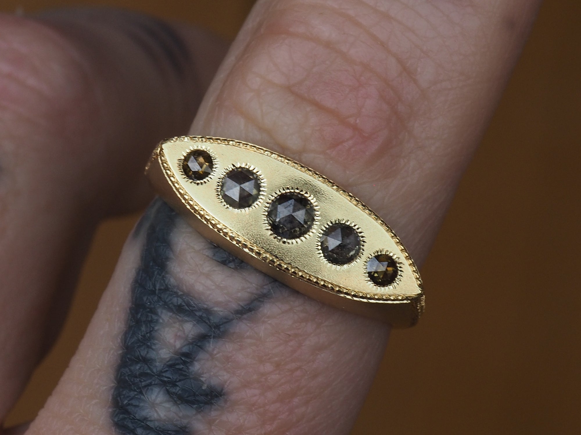 SS210 | Marquis Signet Ring | Salt & Pepper Rosecut Diamond | size 7.75