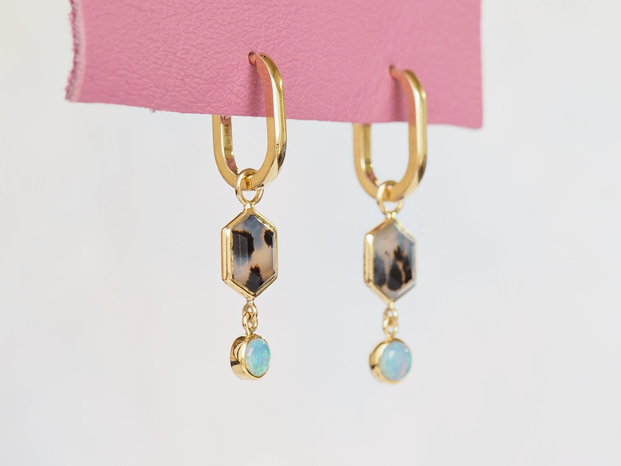 SS237 | Montana Agate Hex & Opal Earring Dangles on Small Oval Clickers