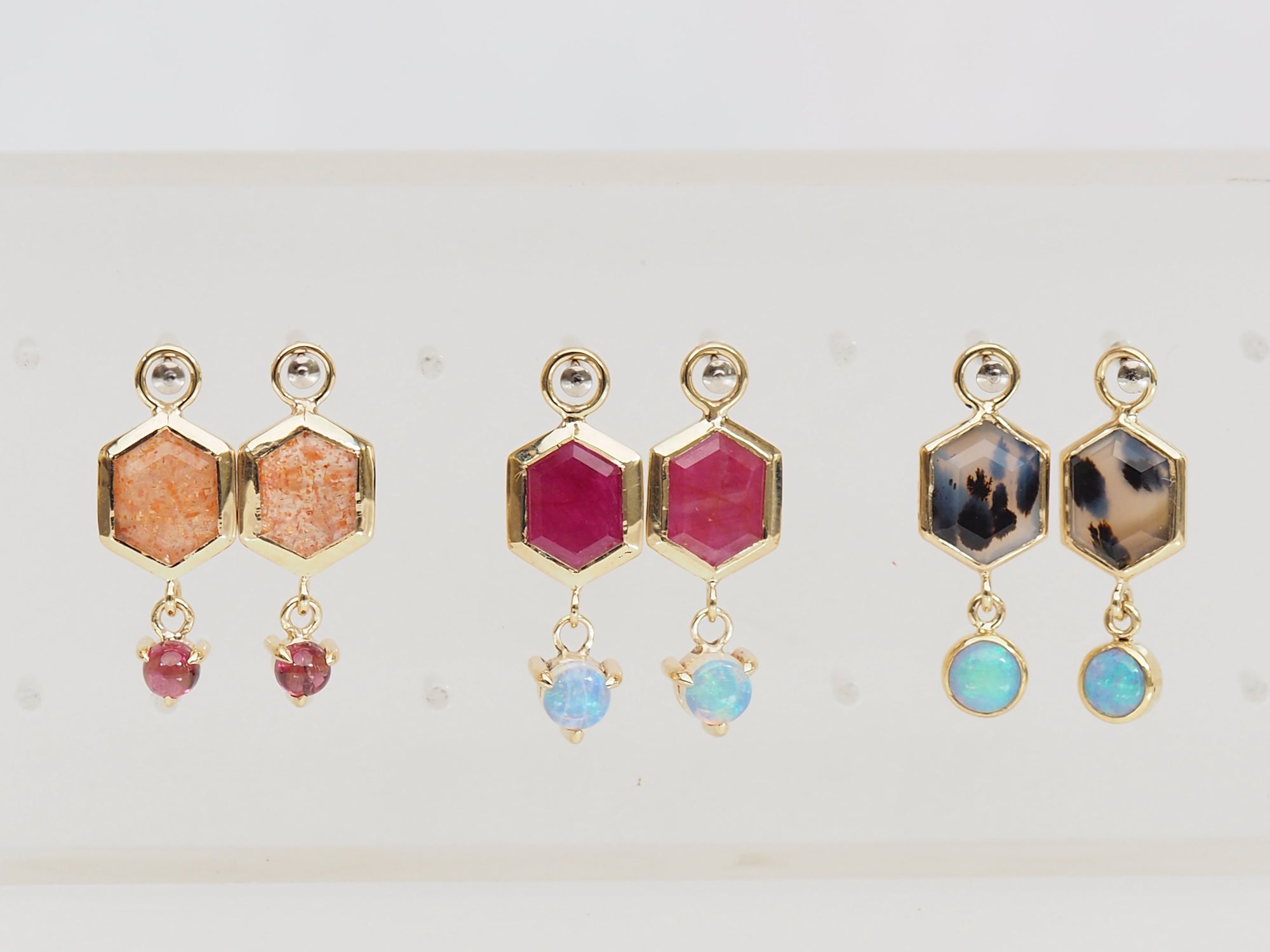 SS237 | Montana Agate Hex & Opal Earring Dangles on Small Oval Clickers
