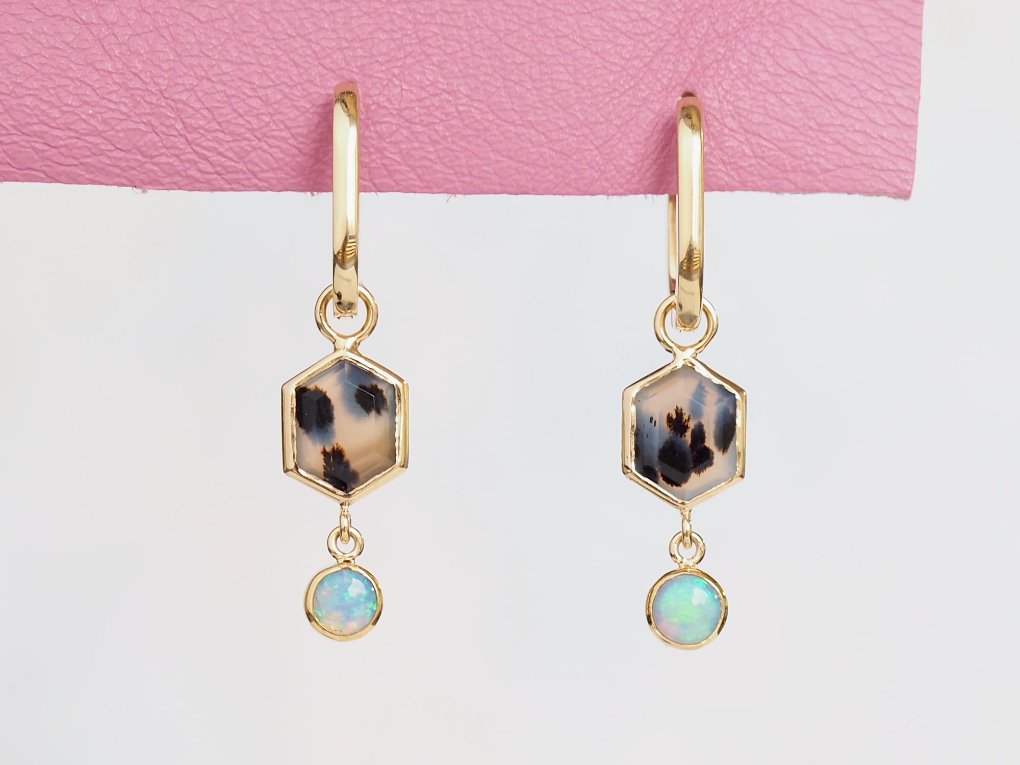 SS237 | Montana Agate Hex & Opal Earring Dangles on Small Oval Clickers