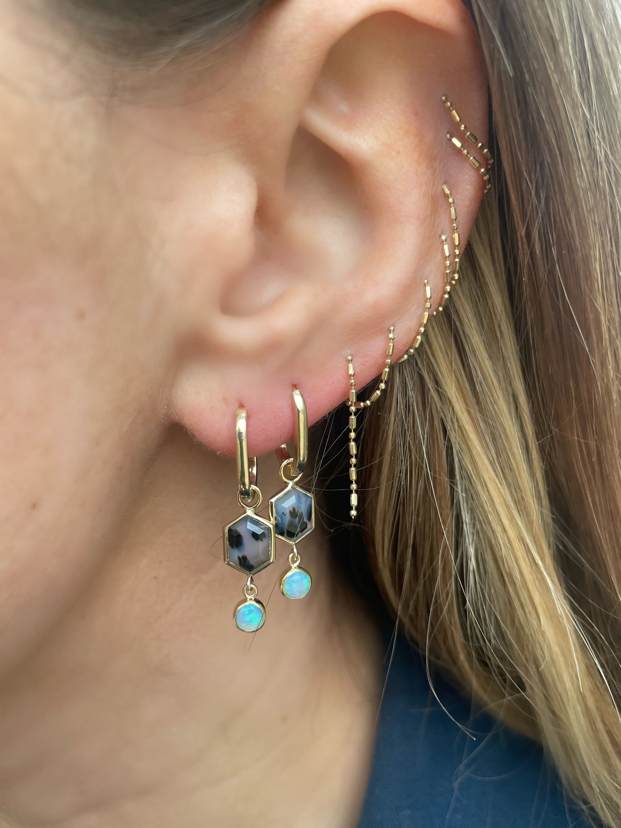 SS237 | Montana Agate Hex & Opal Earring Dangles on Small Oval Clickers