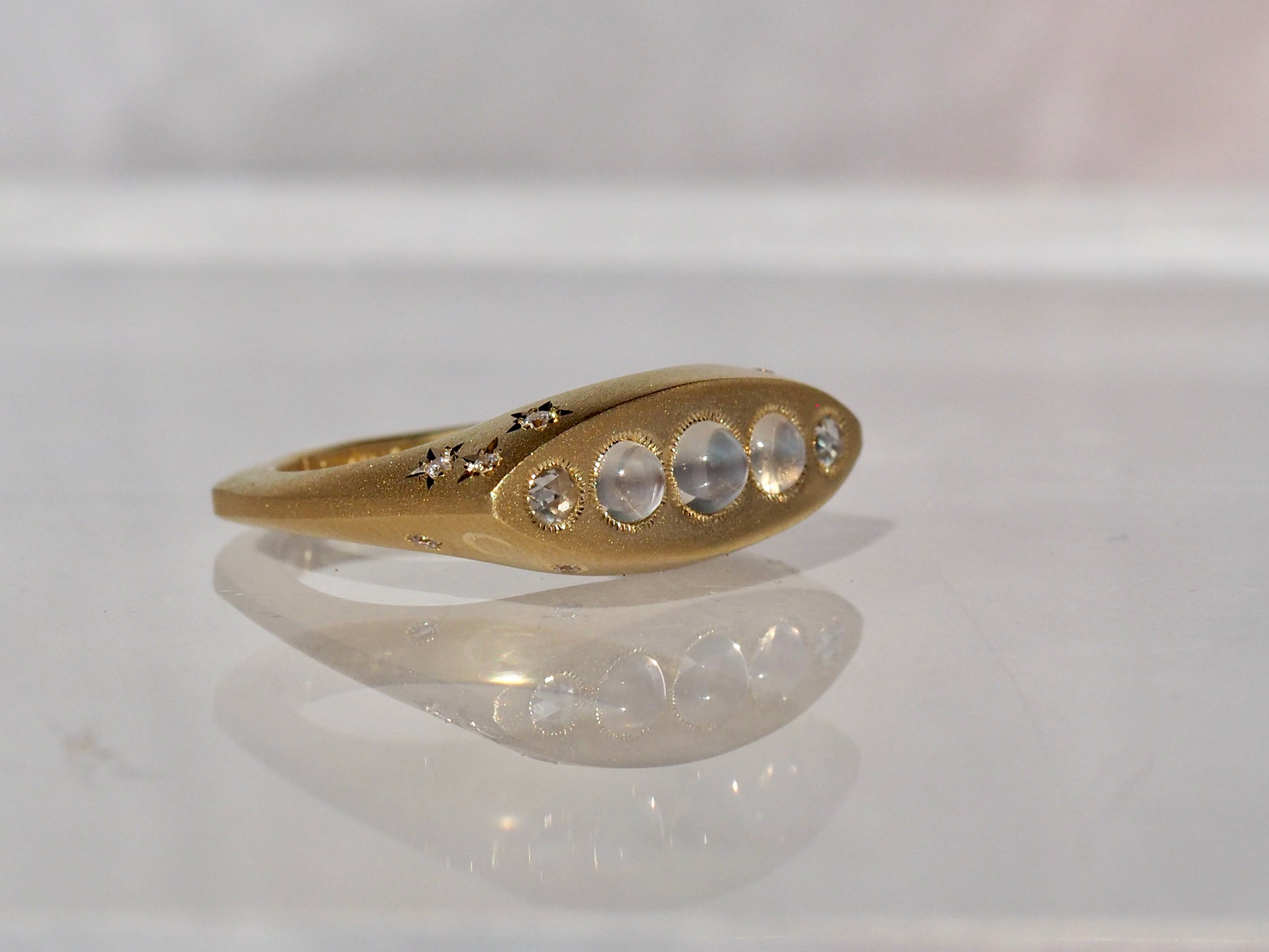 SS212 | Marquis Signet Ring | Moonstone &amp; Diamond | size 7